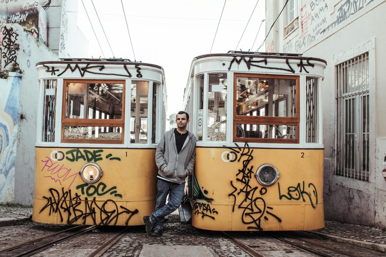 Lisbon tram on a cobbled street