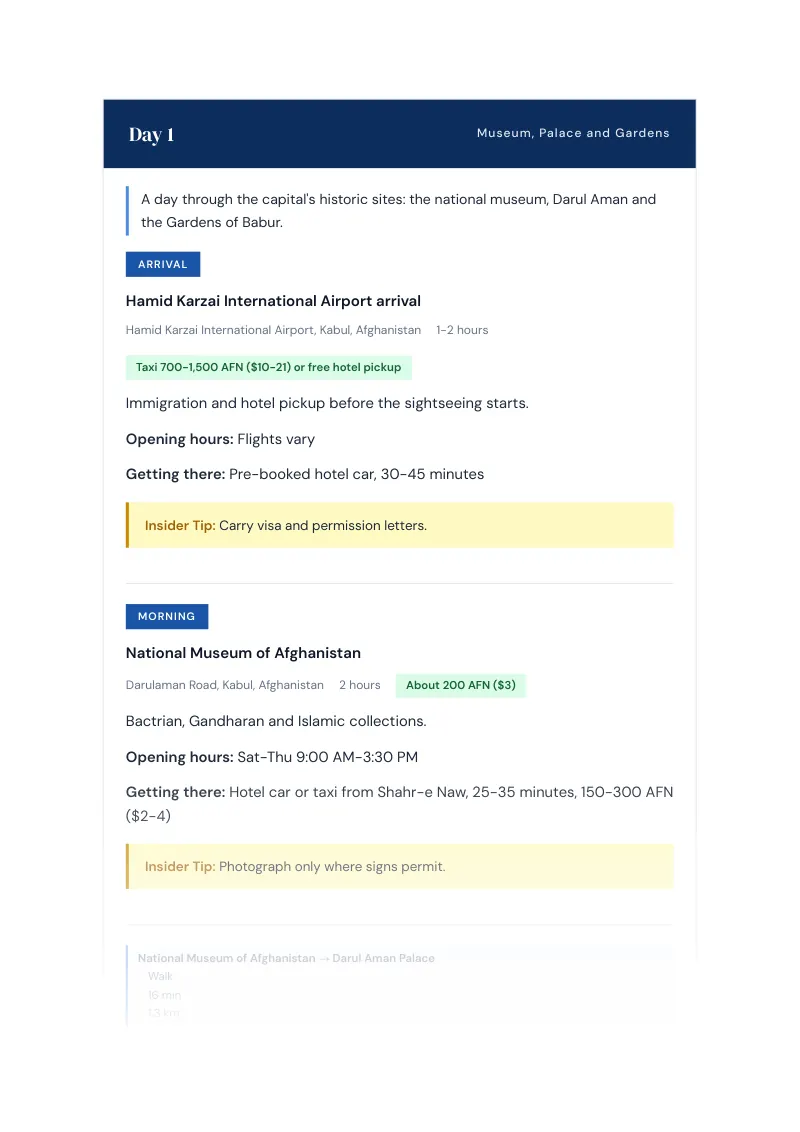 Kabul Complete Travel Bundle: 3-day itinerary · Day 1