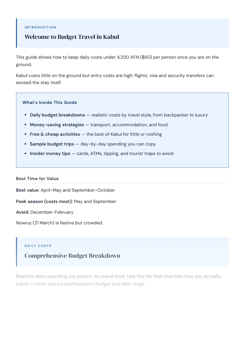 Kabul Complete Travel Bundle: Budget guide · Comprehensive Budget Breakdown