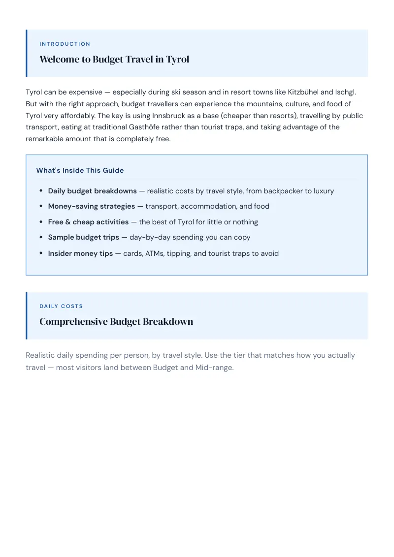 Tyrol Complete Travel Bundle: Budget guide · Comprehensive Budget Breakdown