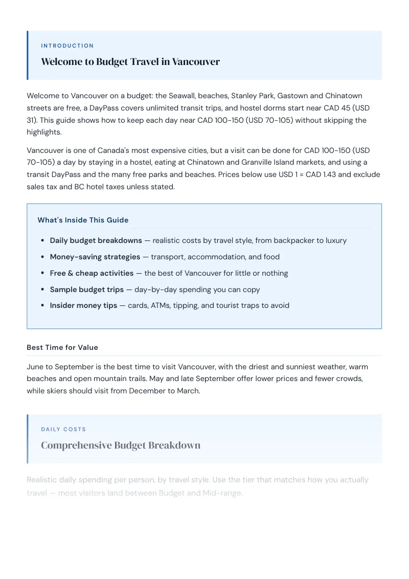 Vancouver Complete Travel Bundle: Budget guide · Comprehensive Budget Breakdown