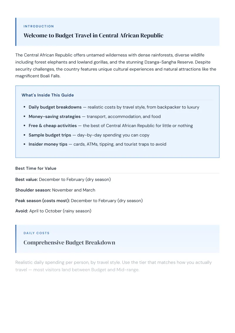 Central African Republic Complete Travel Bundle: Budget guide · Comprehensive Budget Breakdown