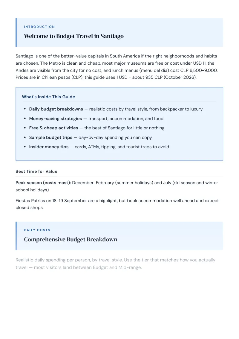 Santiago Complete Travel Bundle: Budget guide · Comprehensive Budget Breakdown