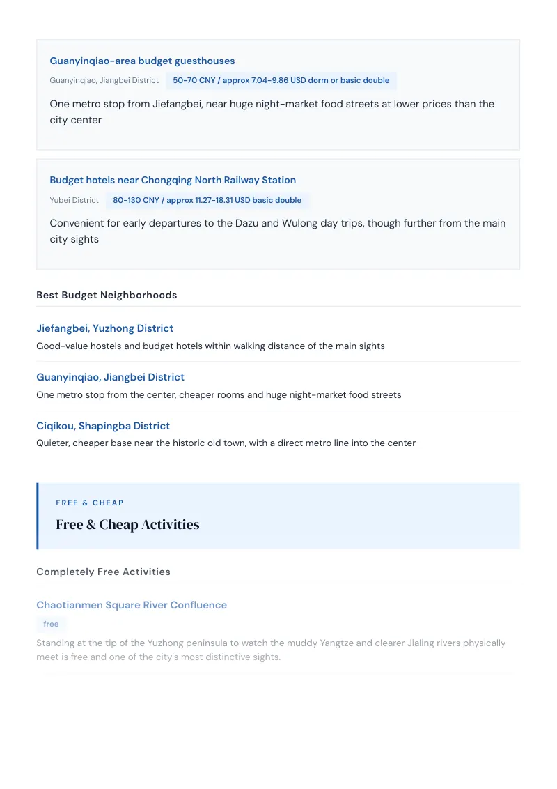 Chongqing Complete Travel Bundle: Budget guide · Free & Cheap Activities