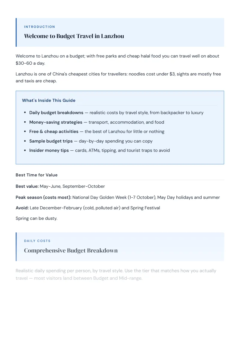 Lanzhou Complete Travel Bundle: Budget guide · Comprehensive Budget Breakdown