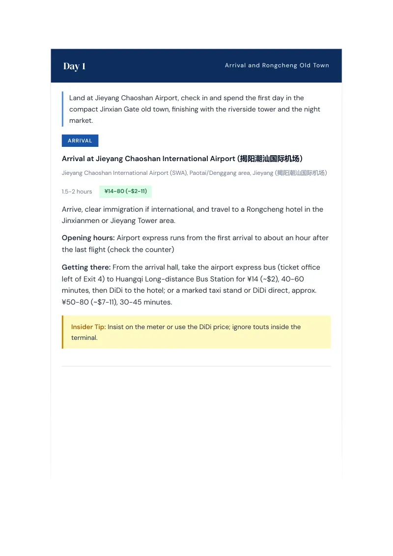 Jieyang Complete Travel Bundle: 7-day itinerary · Day 1