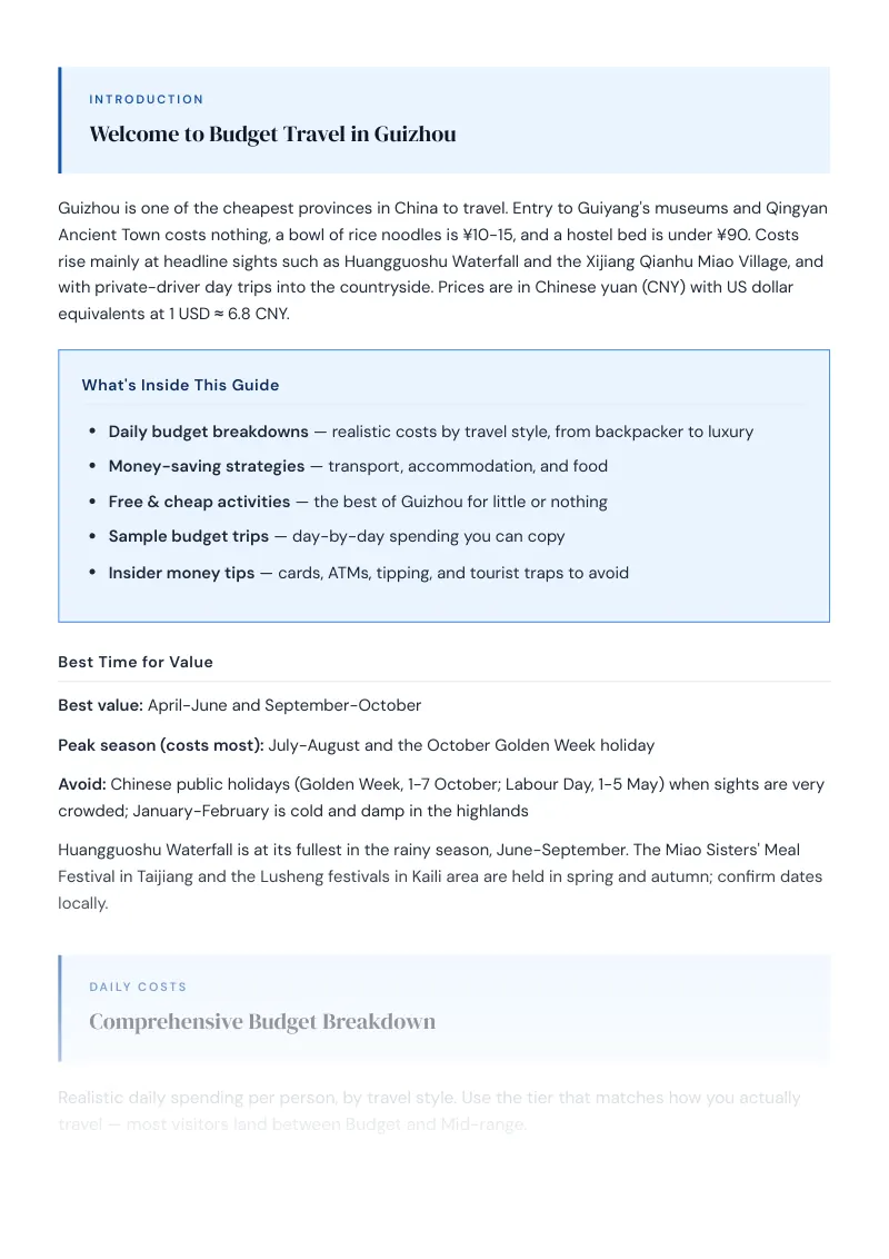 Guizhou Complete Travel Bundle: Budget guide · Comprehensive Budget Breakdown
