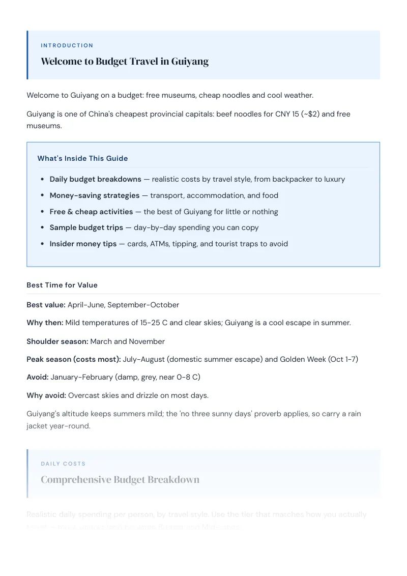 Guiyang Complete Travel Bundle: Budget guide · Comprehensive Budget Breakdown