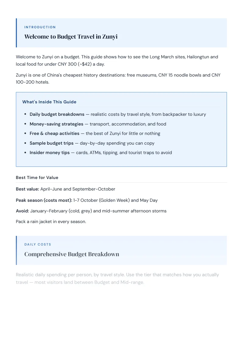 Zunyi Budget & Money-Saving Guide: Comprehensive Budget Breakdown