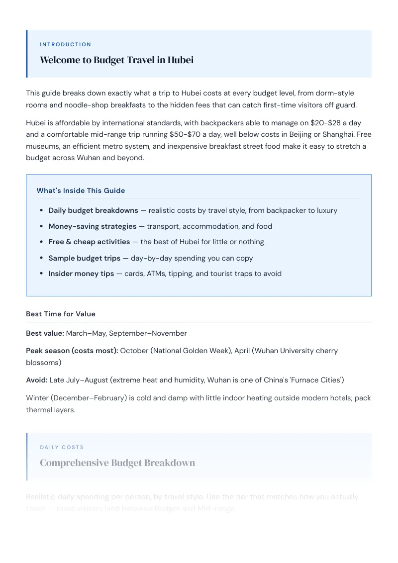 Hubei Budget & Money-Saving Guide: Comprehensive Budget Breakdown