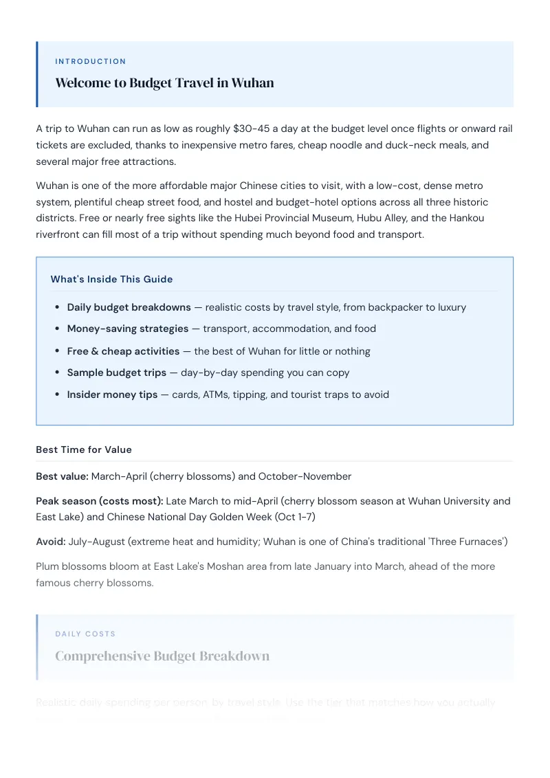 Wuhan Budget & Money-Saving Guide: Comprehensive Budget Breakdown
