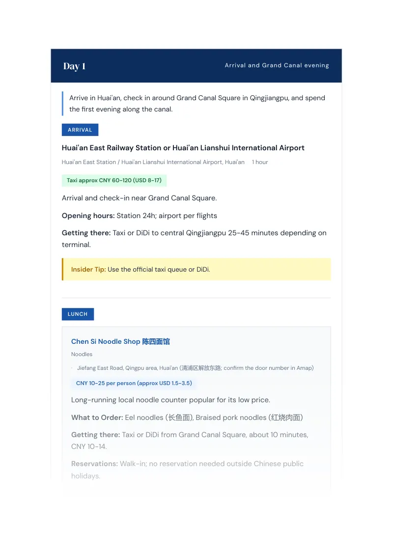 Huai An Complete Travel Bundle: 7-day itinerary · Day 1
