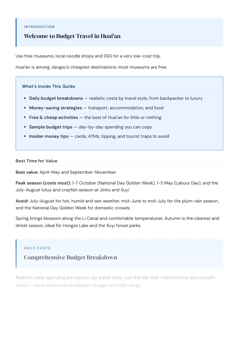 Huai An Budget & Money-Saving Guide: Comprehensive Budget Breakdown