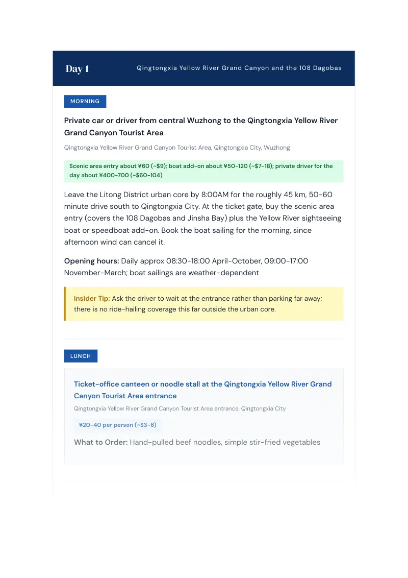 Wuzhong Complete Travel Bundle: 3-day itinerary · Day 1