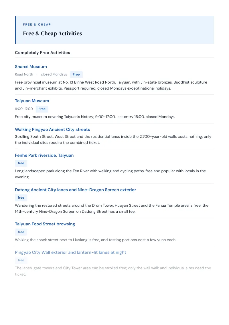 Shanxi Budget & Money-Saving Guide: Free & Cheap Activities