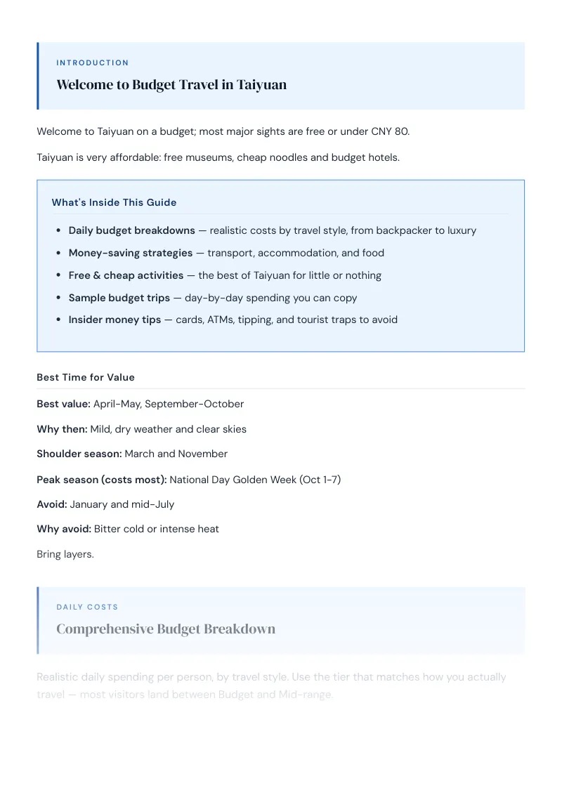 Taiyuan Complete Travel Bundle: Budget guide · Comprehensive Budget Breakdown