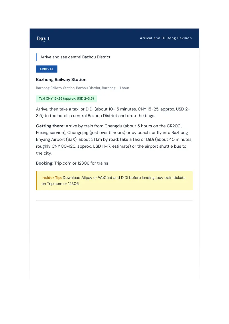 Bazhong Complete Travel Bundle: 3-day itinerary · Day 1