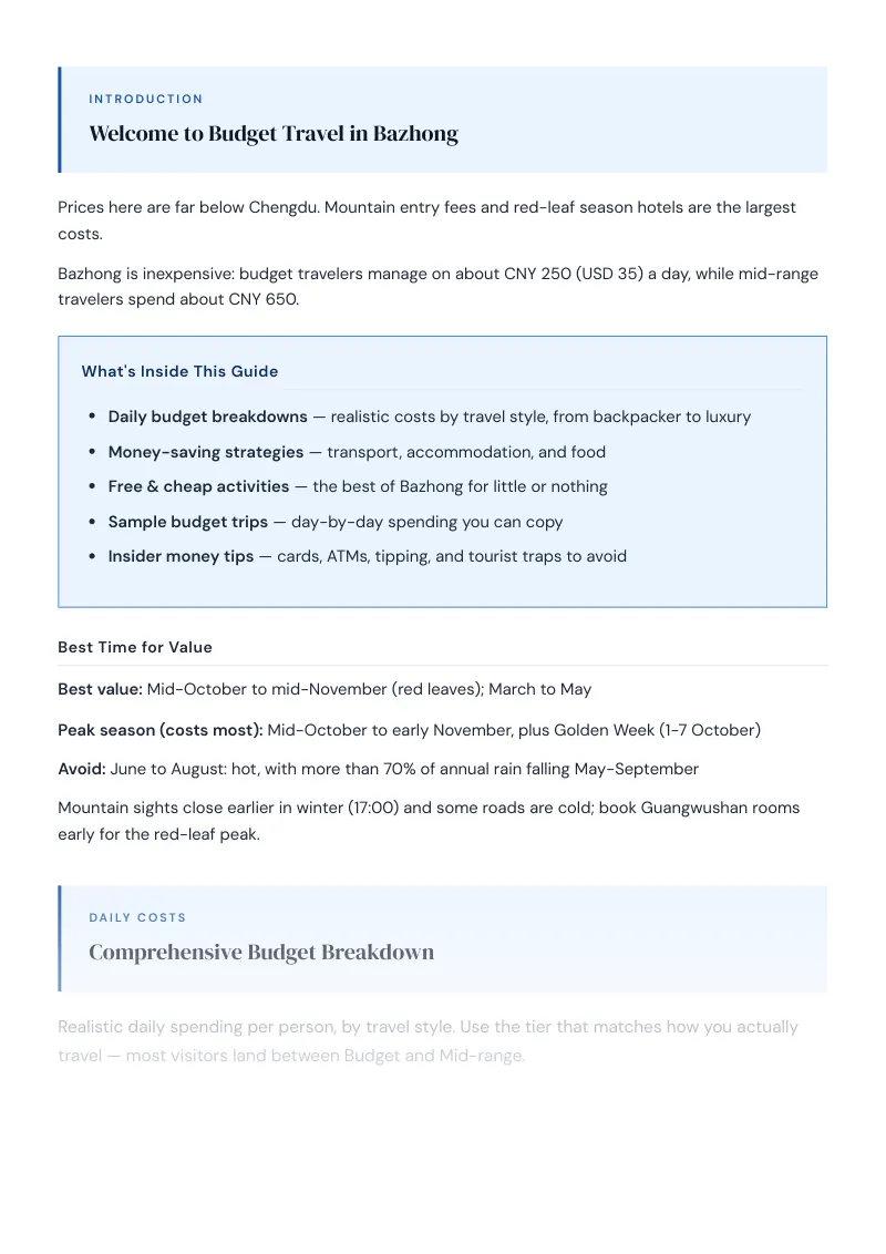 Bazhong Complete Travel Bundle: Budget guide · Comprehensive Budget Breakdown