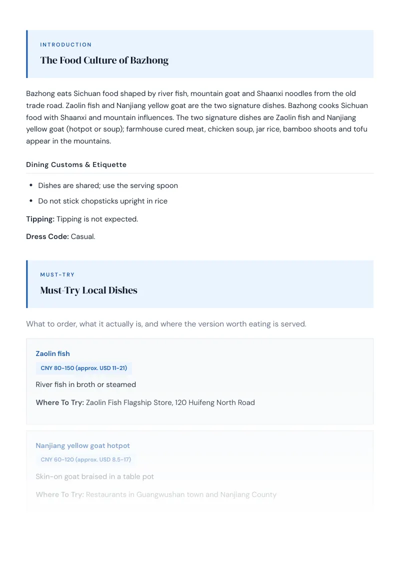 Bazhong Complete Travel Bundle: Food guide · Must-Try Local Dishes