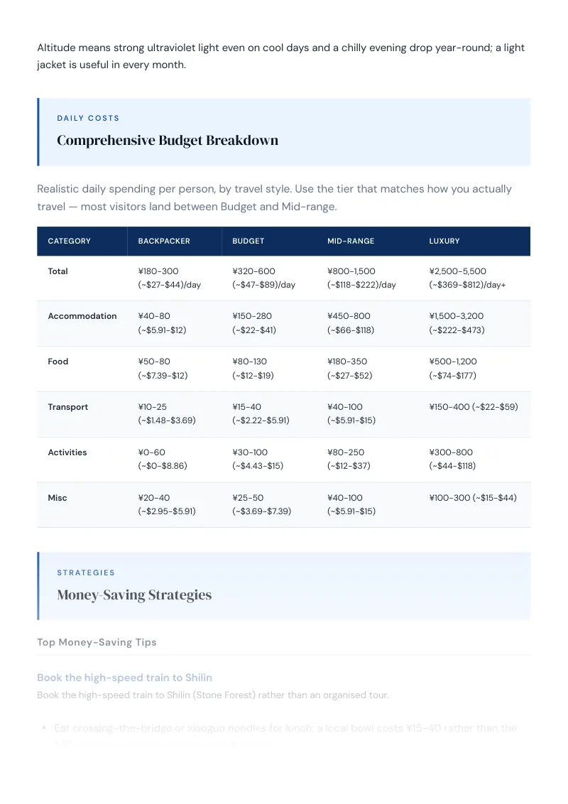 Kunming Budget & Money-Saving Guide: Comprehensive Budget Breakdown