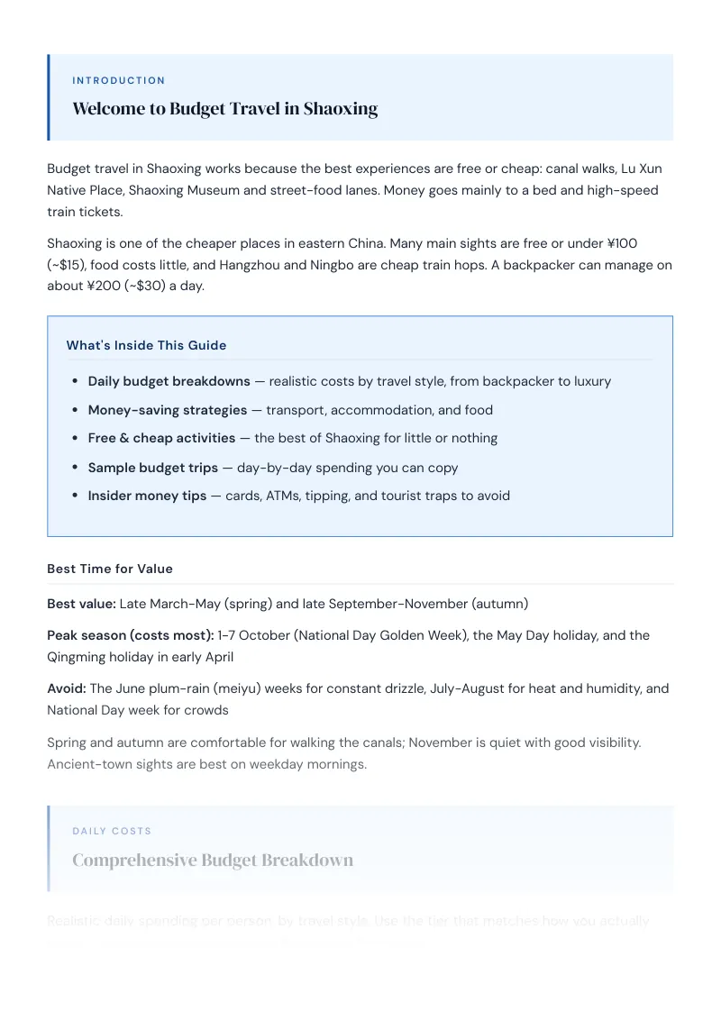 Shaoxing Complete Travel Bundle: Budget guide · Comprehensive Budget Breakdown