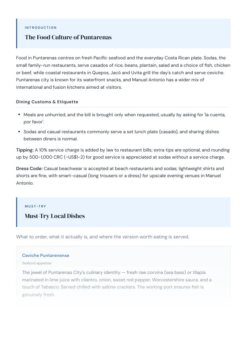 Puntarenas Complete Travel Bundle: Food guide · Must-Try Local Dishes