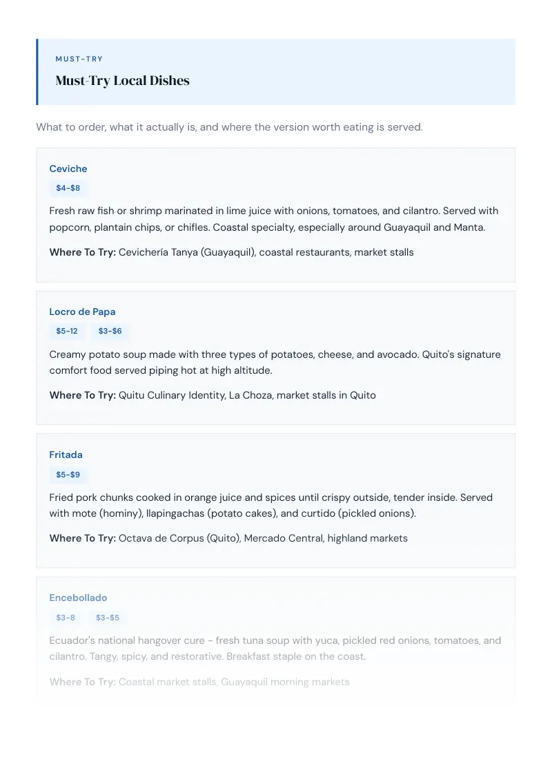 Ecuador Complete Travel Bundle: Food guide · Must-Try Local Dishes