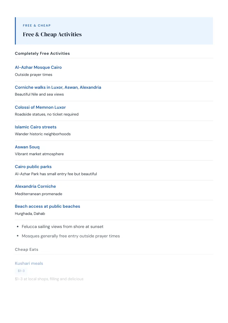 Egypt Budget & Money-Saving Guide: Free & Cheap Activities