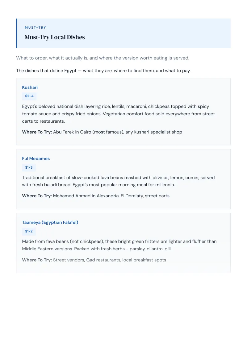Egypt Complete Travel Bundle: Food guide · Must-Try Local Dishes