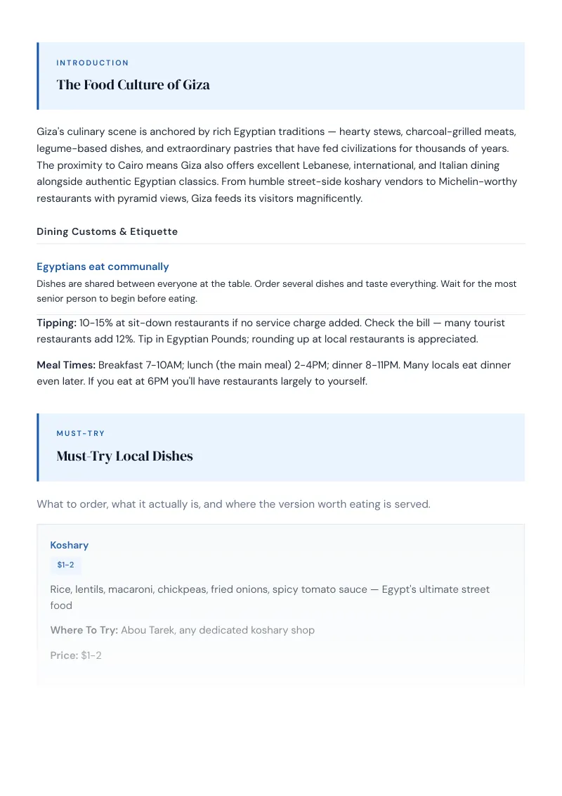 Giza Complete Travel Bundle: Food guide · Must-Try Local Dishes