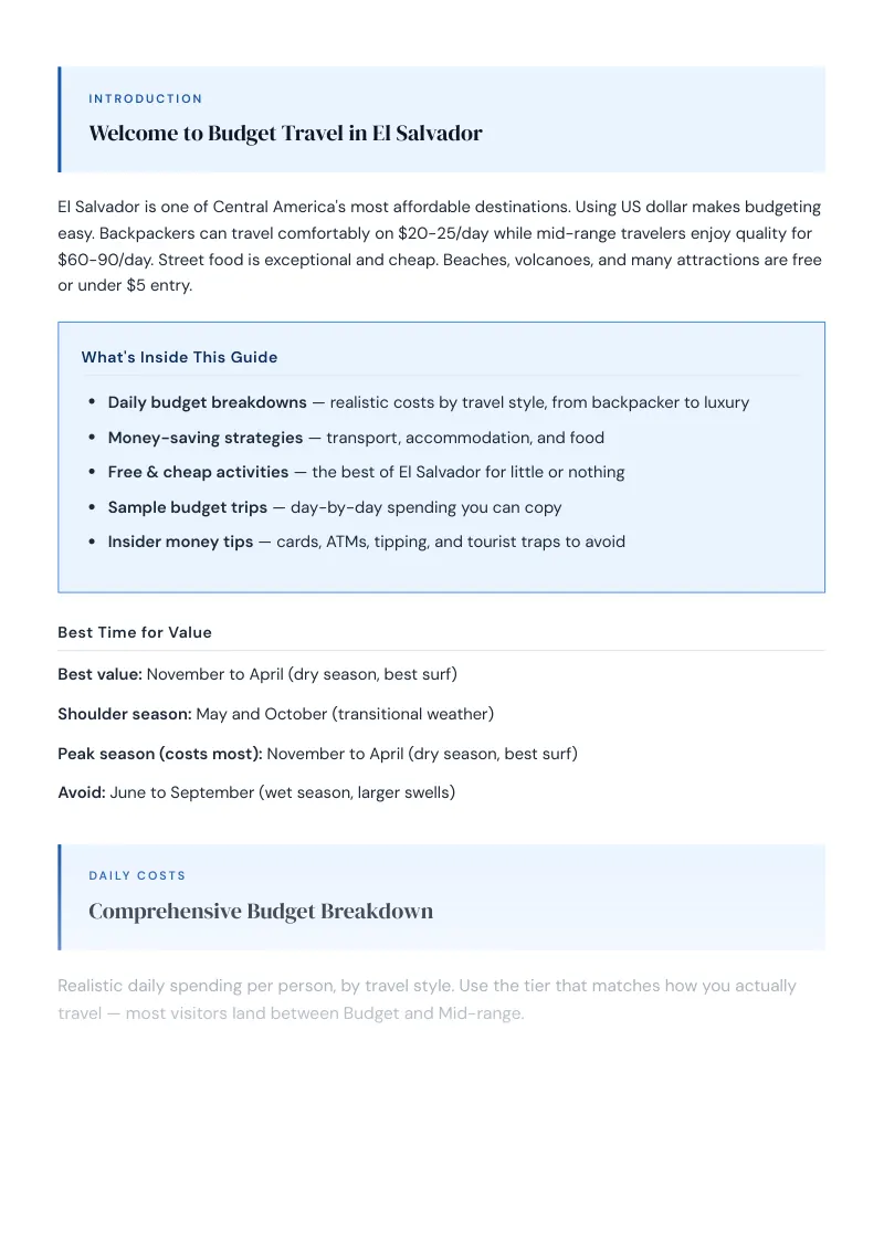 El Salvador Complete Travel Bundle: Budget guide · Comprehensive Budget Breakdown
