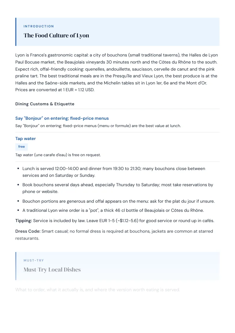Lyon Complete Travel Bundle: Food guide · Must-Try Local Dishes