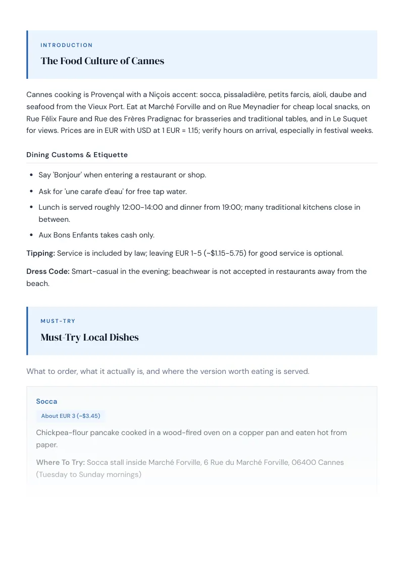 Cannes Complete Travel Bundle: Food guide · Must-Try Local Dishes