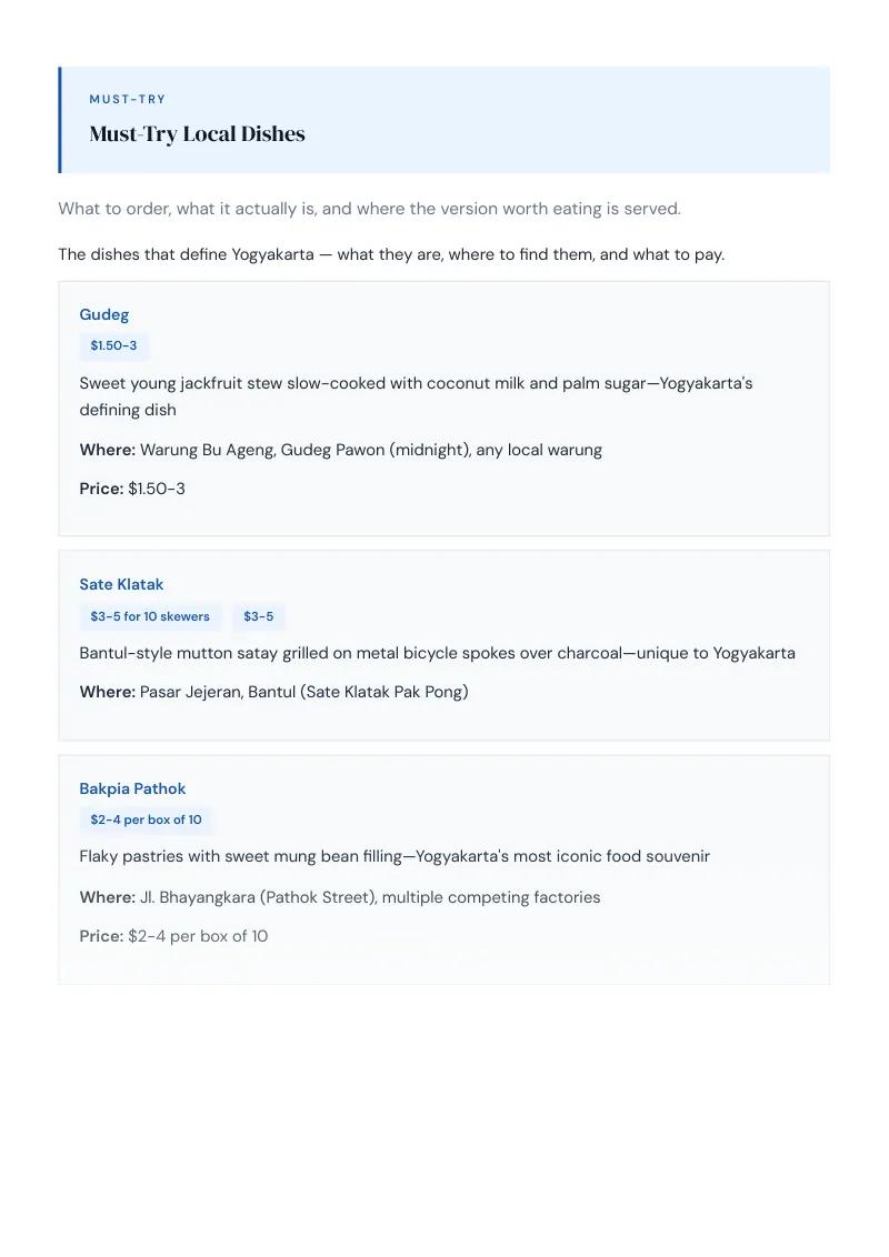 Yogyakarta Complete Travel Bundle: Food guide · Must-Try Local Dishes