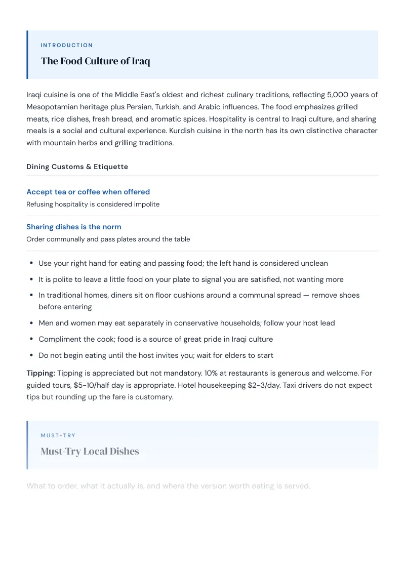 Iraq Complete Travel Bundle: Food guide · Must-Try Local Dishes