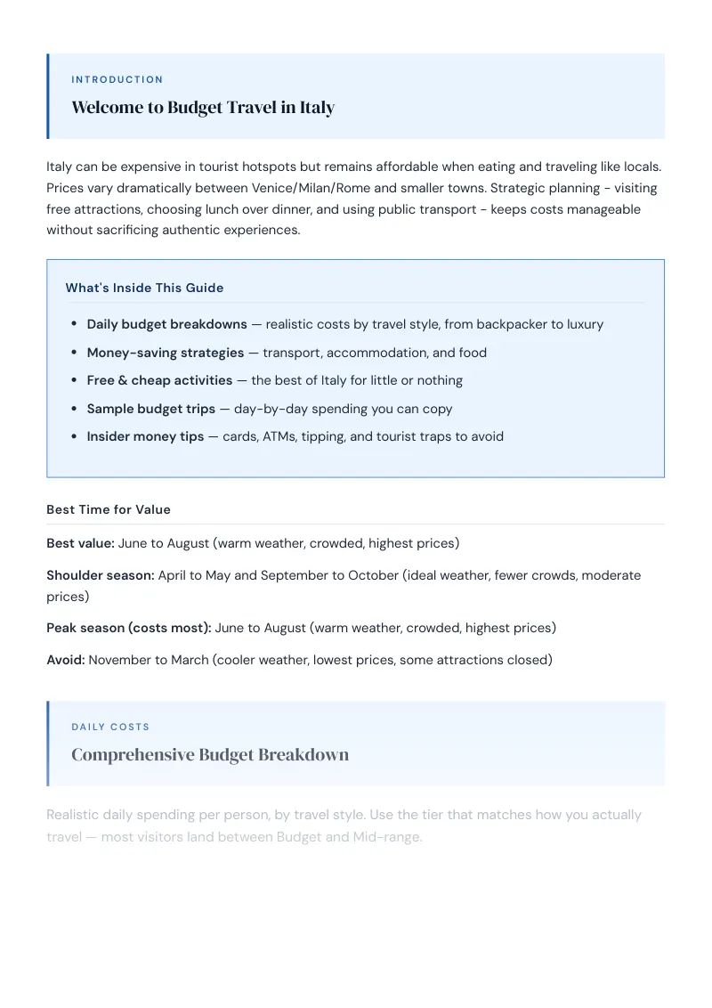 Italy Complete Travel Bundle: Budget guide · Comprehensive Budget Breakdown