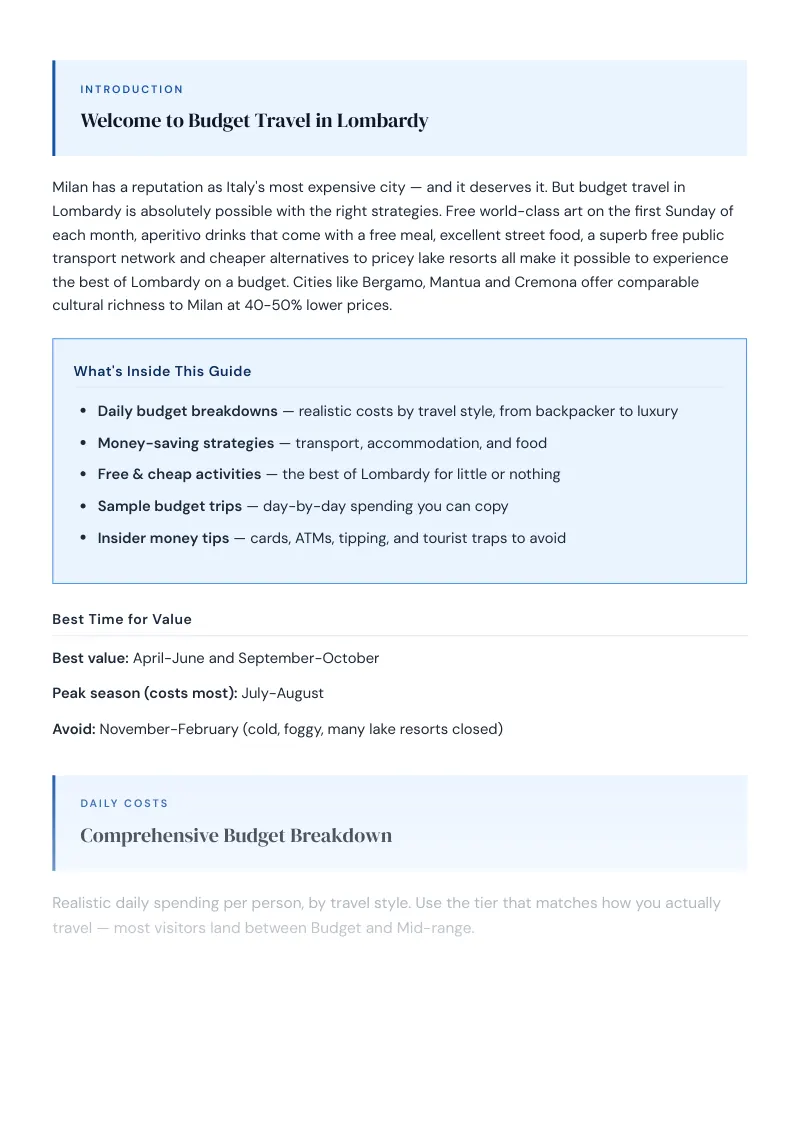 Lombardy Complete Travel Bundle: Budget guide · Comprehensive Budget Breakdown