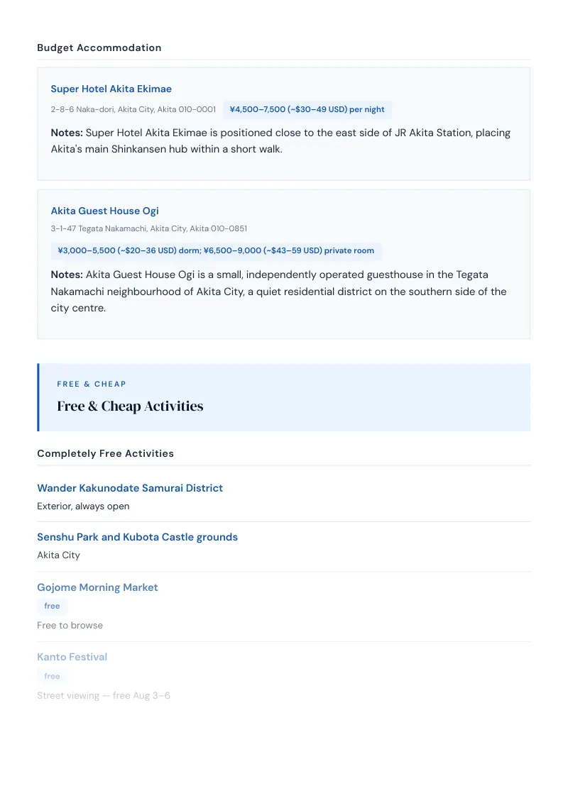 Akita Budget & Money-Saving Guide: Free & Cheap Activities