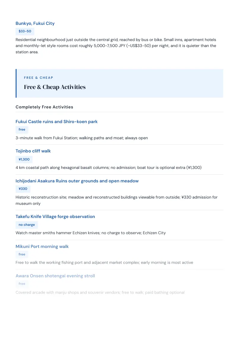 Fukui Budget & Money-Saving Guide: Free & Cheap Activities