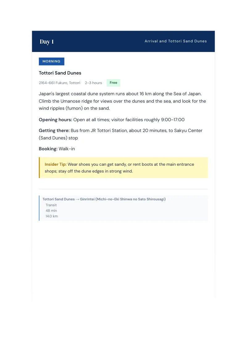Tottori Complete Travel Bundle: 7-day itinerary · Day 1