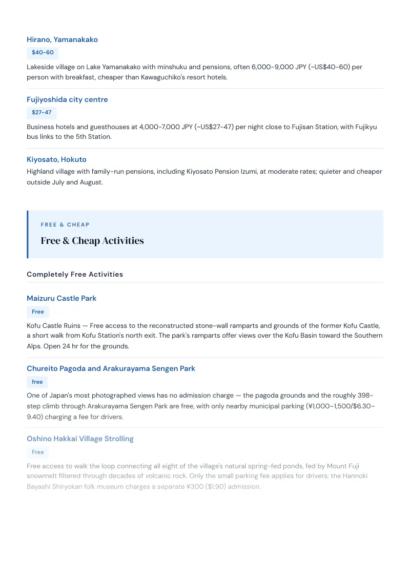 Yamanashi Budget & Money-Saving Guide: Free & Cheap Activities