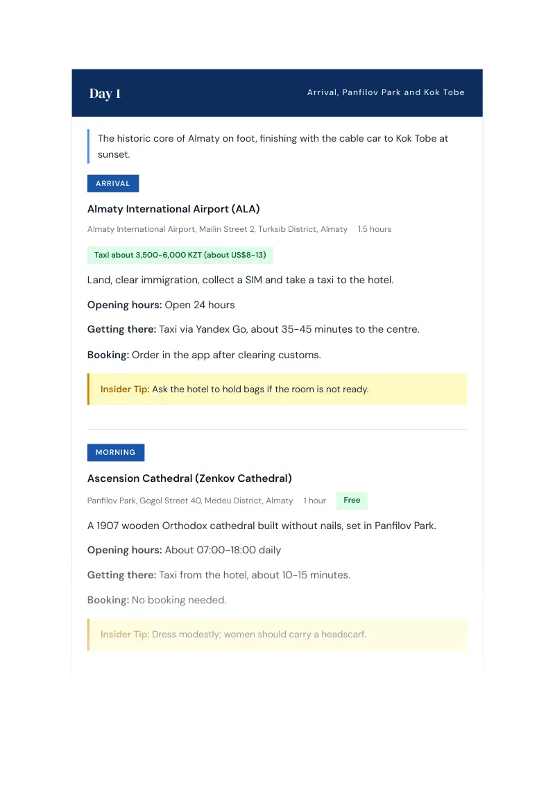 Almaty Complete Travel Bundle: 3-day itinerary · Day 1