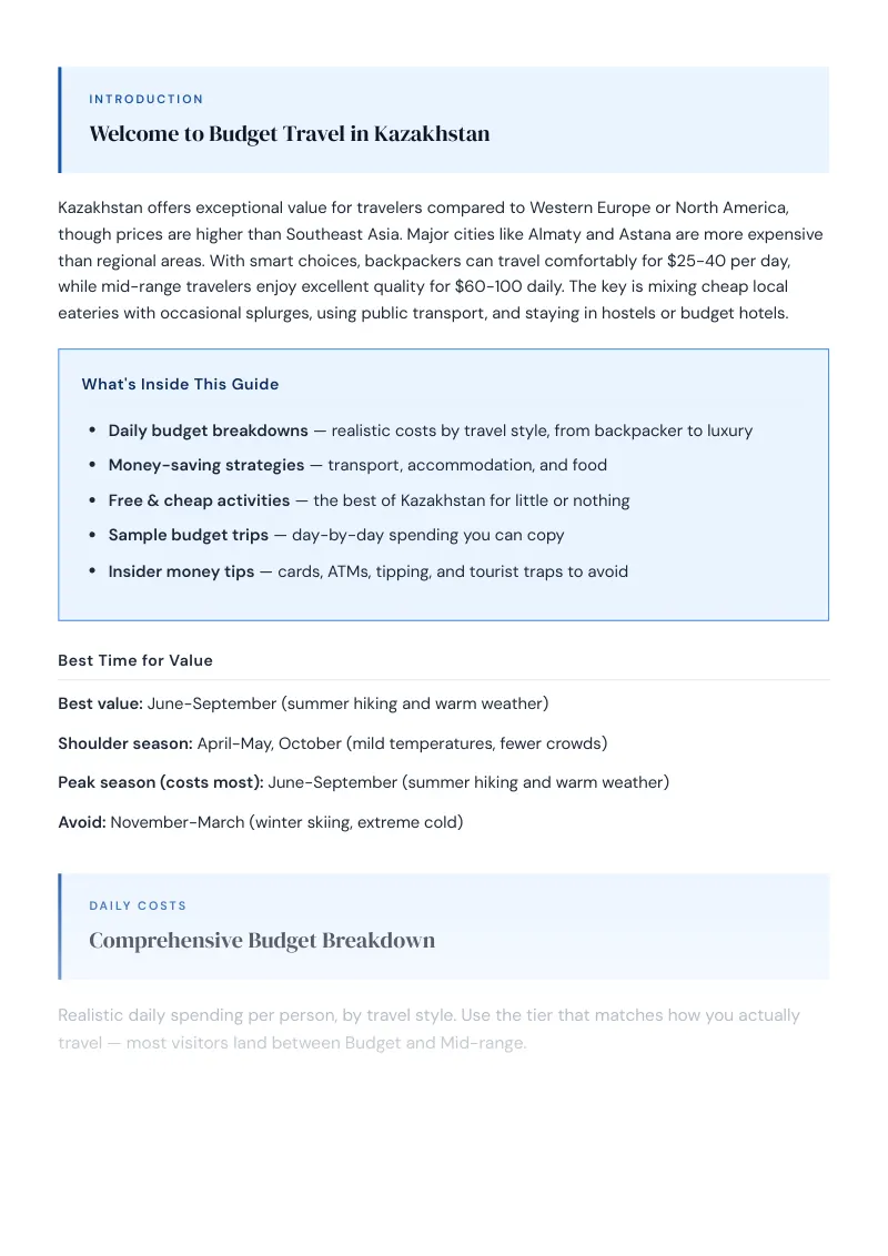 Kazakhstan Complete Travel Bundle: Budget guide · Comprehensive Budget Breakdown