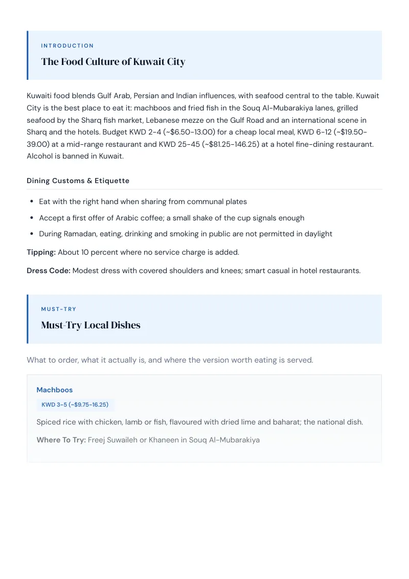 Kuwait City Complete Travel Bundle: Food guide · Must-Try Local Dishes