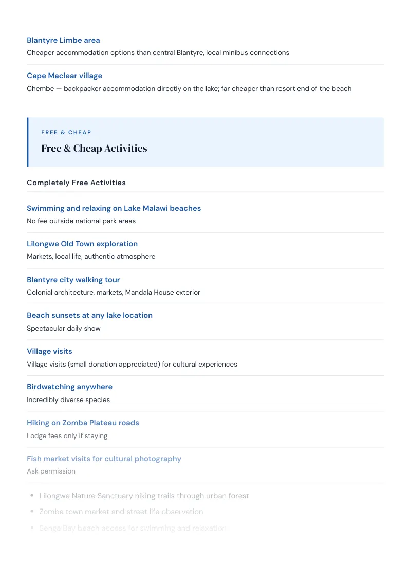Malawi Budget & Money-Saving Guide: Free & Cheap Activities
