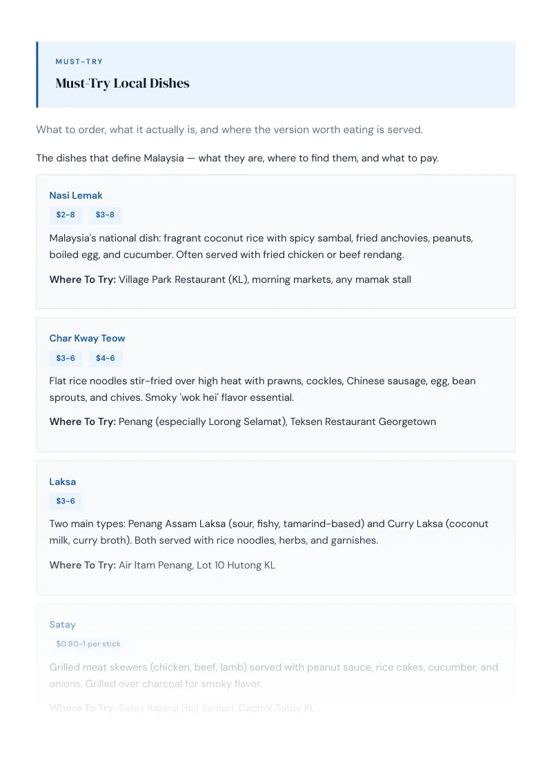 Malaysia Complete Travel Bundle: Food guide · Must-Try Local Dishes