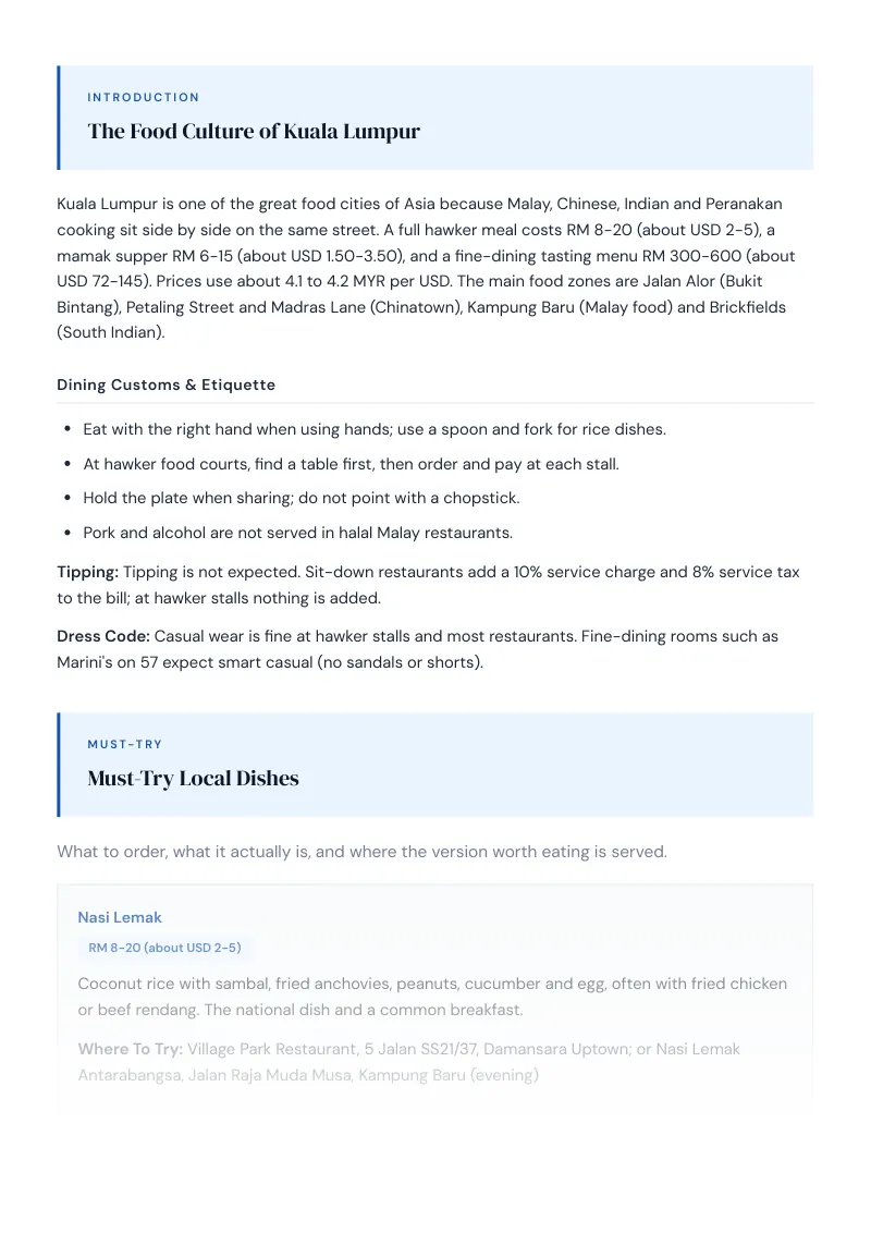 Kuala Lumpur Complete Travel Bundle: Food guide · Must-Try Local Dishes
