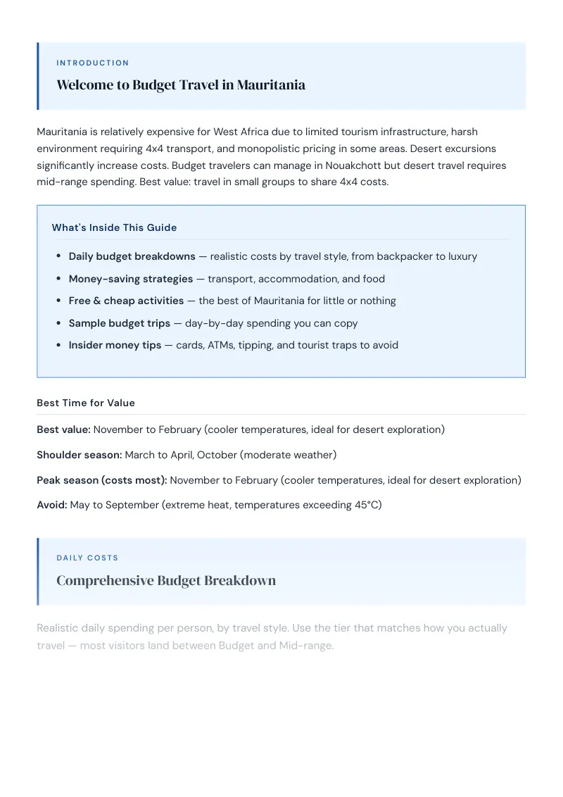 Mauritania Complete Travel Bundle: Budget guide · Comprehensive Budget Breakdown