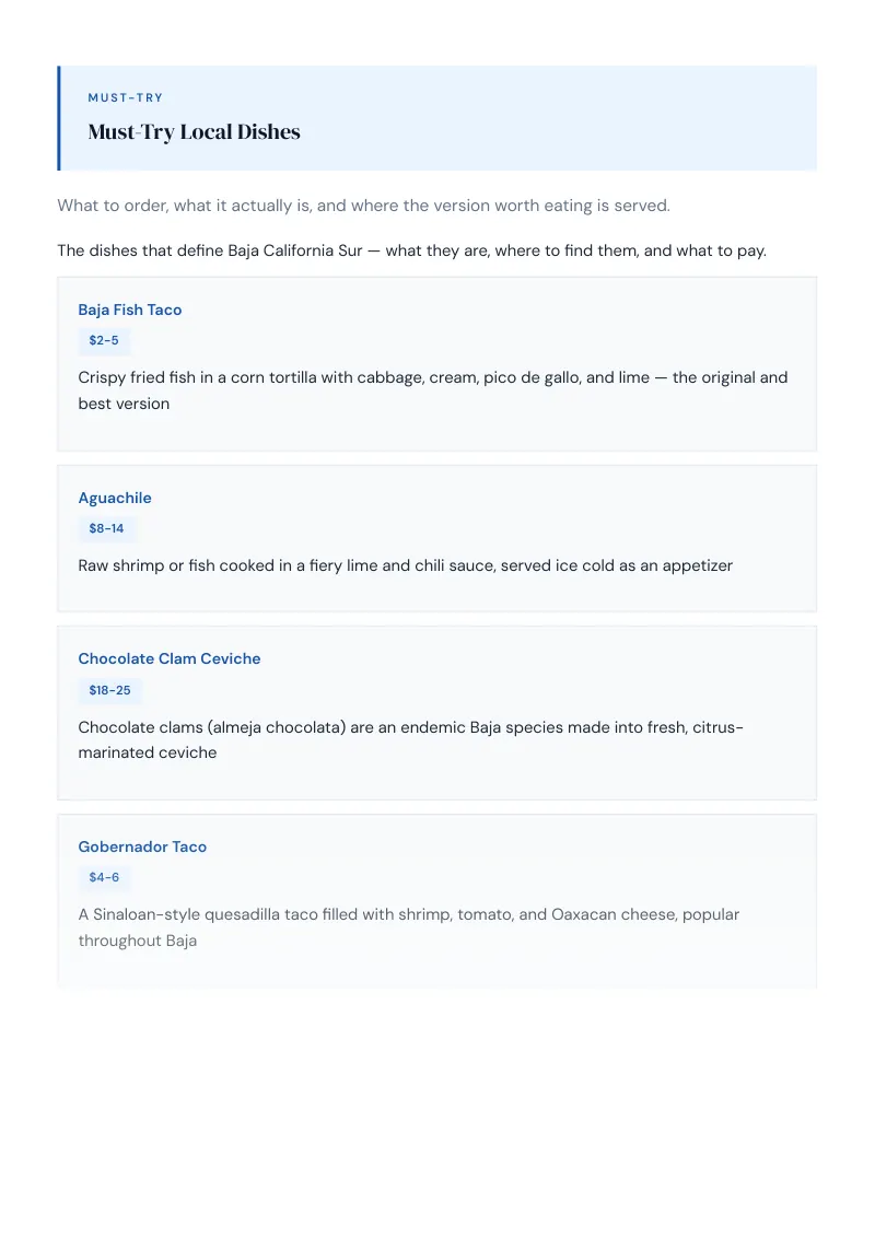 Baja California Sur Complete Travel Bundle: Food guide · Must-Try Local Dishes