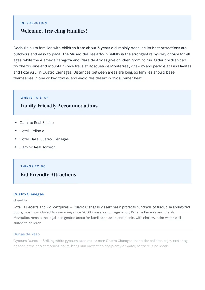 Coahuila Complete Travel Bundle: Family guide · Kid-Friendly Attractions